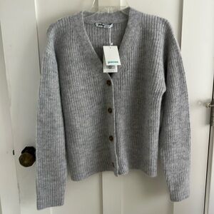 Gray Ribbed Women's Cardigan Sweater